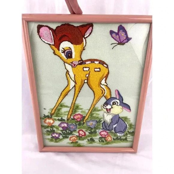 VTG Embroidery Bambi & Thumper Needlework Framed 80's MCM Wall Art 11.5"X14.5" - Picture 10 of 12